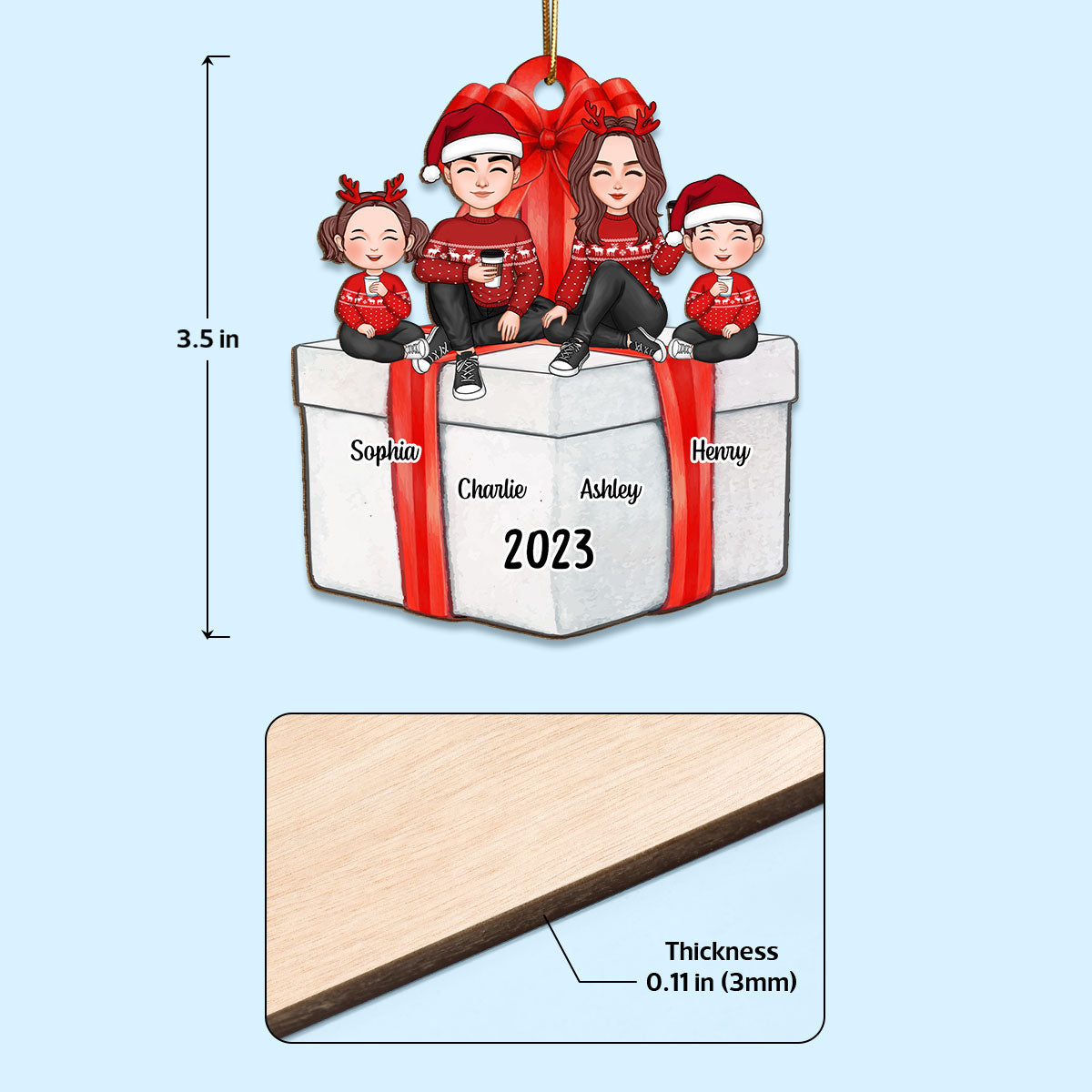 Cute Family Sitting On Christmas Gift Personalized Wooden Ornament