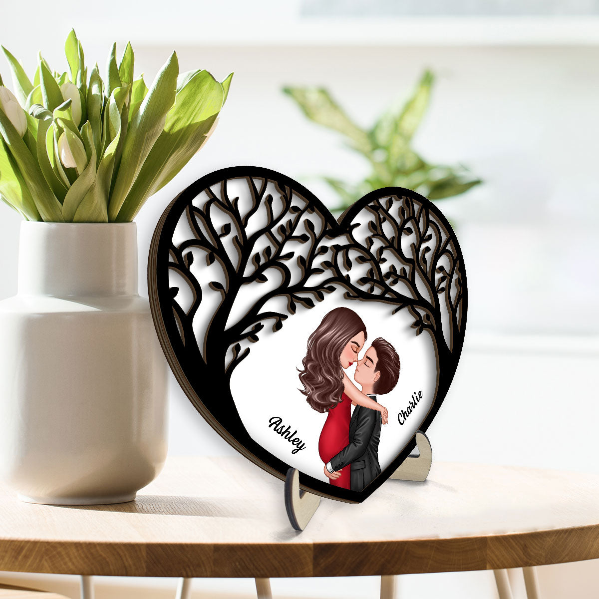 Couple Kissing Under Tree Canopy Heart Personalized 2-layer Wooden Plaque, Gift For Him, For Her