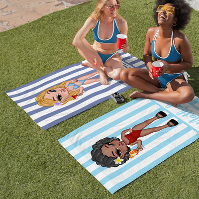 Striped Personalized Beach Towel, Vintage Y2K Bridesmaid Towel, Birthday Vacation Gift, Besties Summer Gift