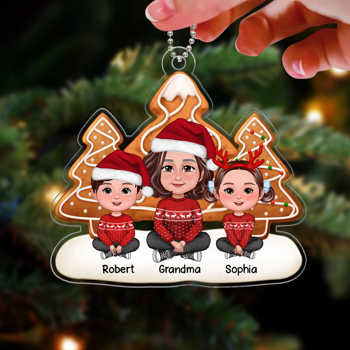 Simple Ginger Bread Christmas Trees Grandma & Grandkids Sitting Personalized Acrylic Ornament