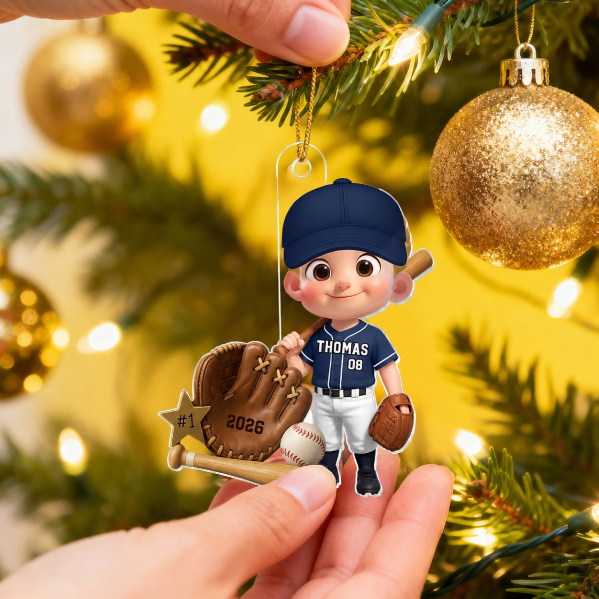 Baseball Player With Baseball Mitt Bat Ball - Personalized Acrylic Ornament - Gift For Kids, Grandkids