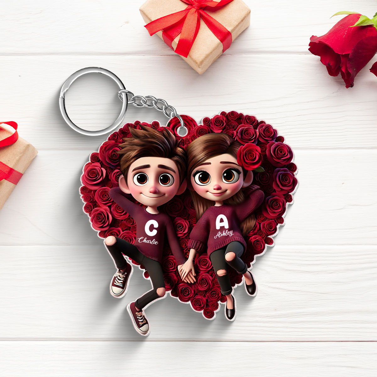 Rose Heart Couple Personalized Acrylic Keychain,  Gift for her, Gift for him