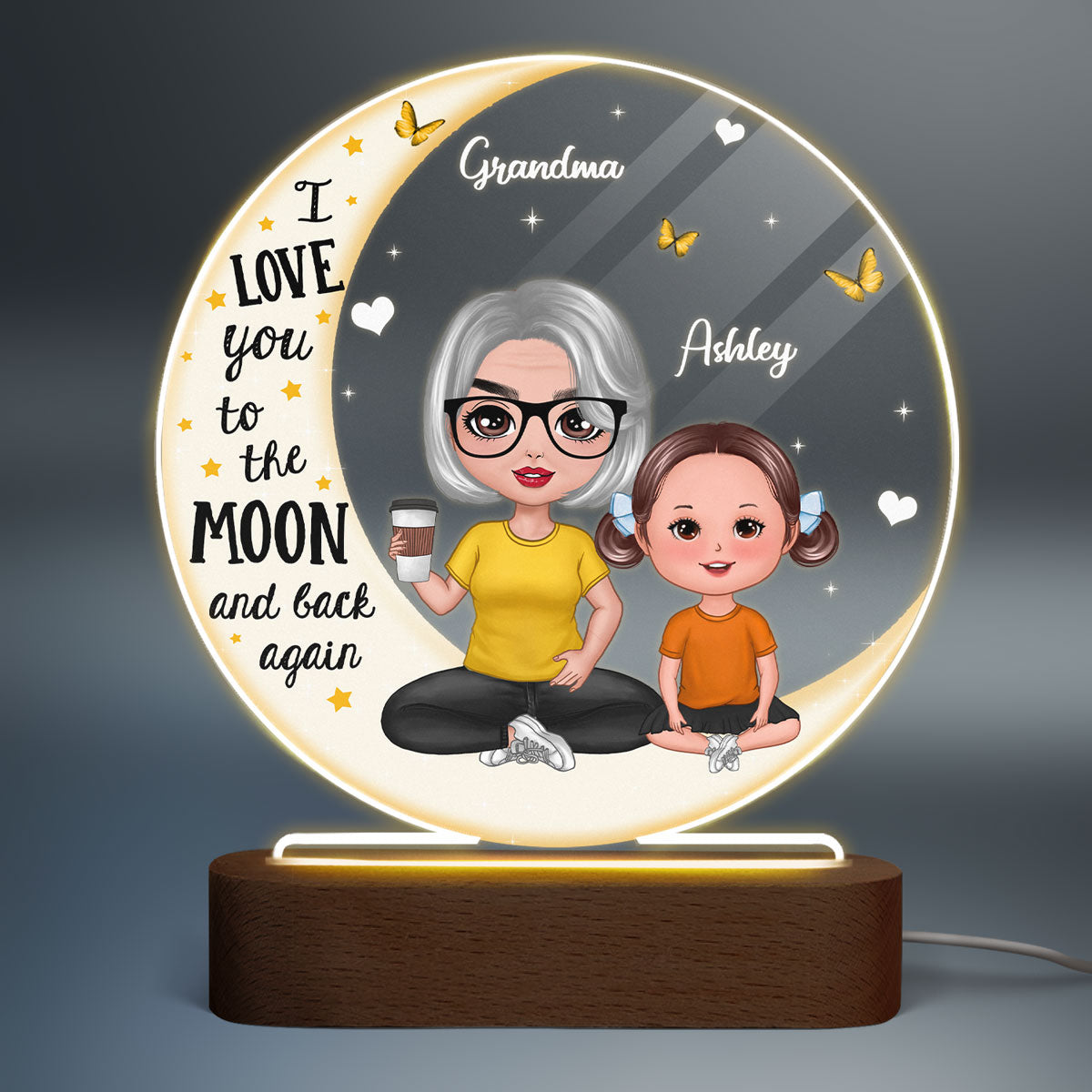 Doll Grandma & Grandkid On Moon Personalized Circle Acrylic Plaque With LED Night Light - Gift For Grandchildren