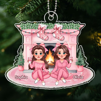 Christmas Coquette Besties Stocking On Pink Fireplace Personalized Acrylic Ornament