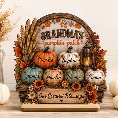 Grandma's Pumpkin Patch Fall Farmhouse Decoration - Personalized 2-Layered Wooden Plaque - Gift for Grandma