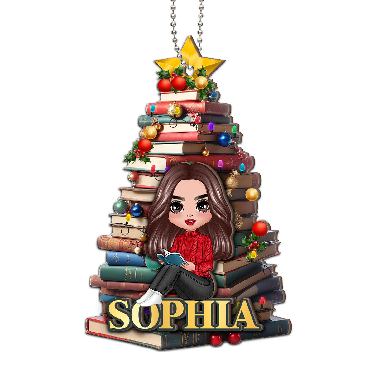 Christmas Book Tree Name Personalized 2-Layer Wooden Ornament, Book Lover Gift, Bookworm Gifts