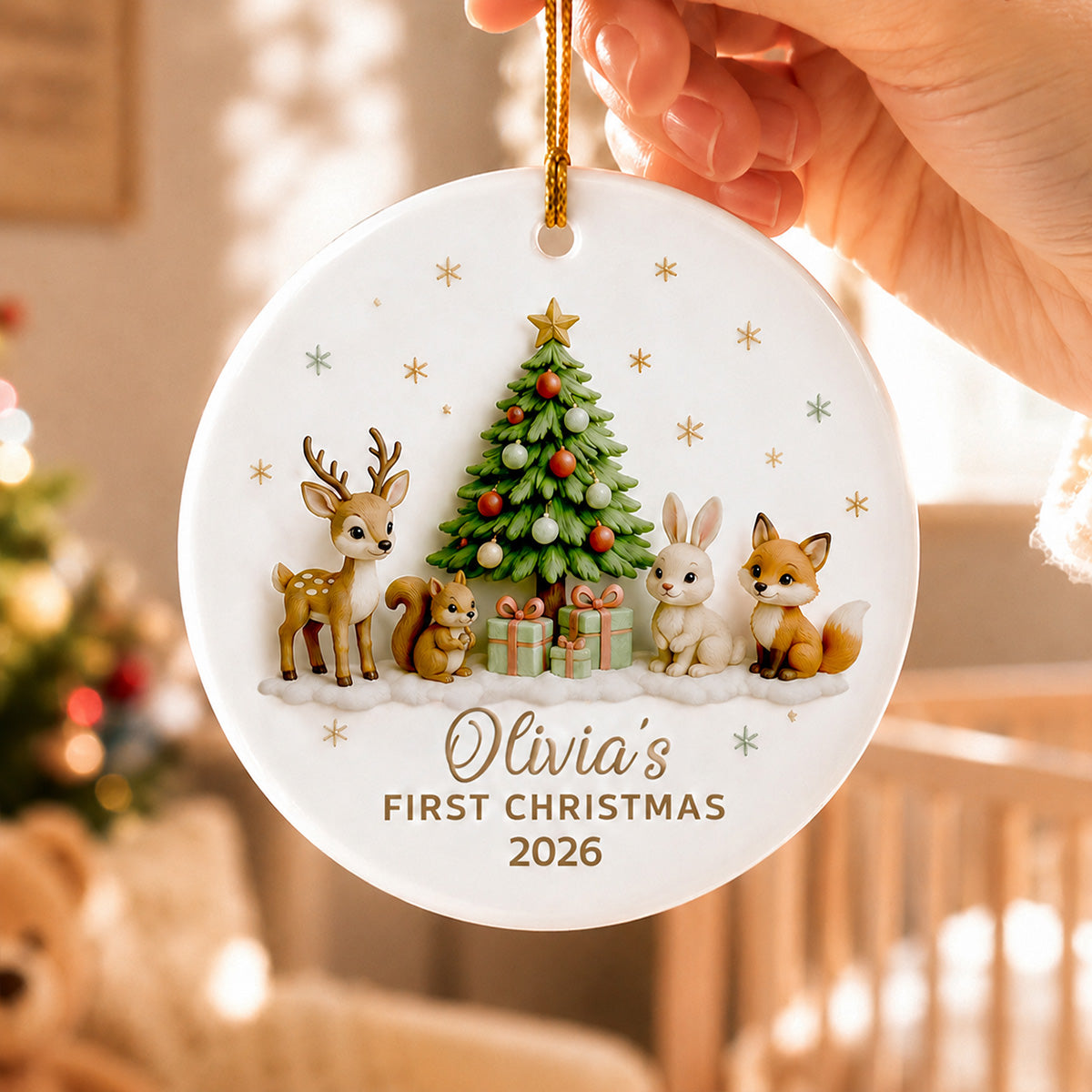 Baby’s First Christmas Tree & Woodland Animals 3D - Personalized Ceramic Ornament - New Baby Christmas Keepsake