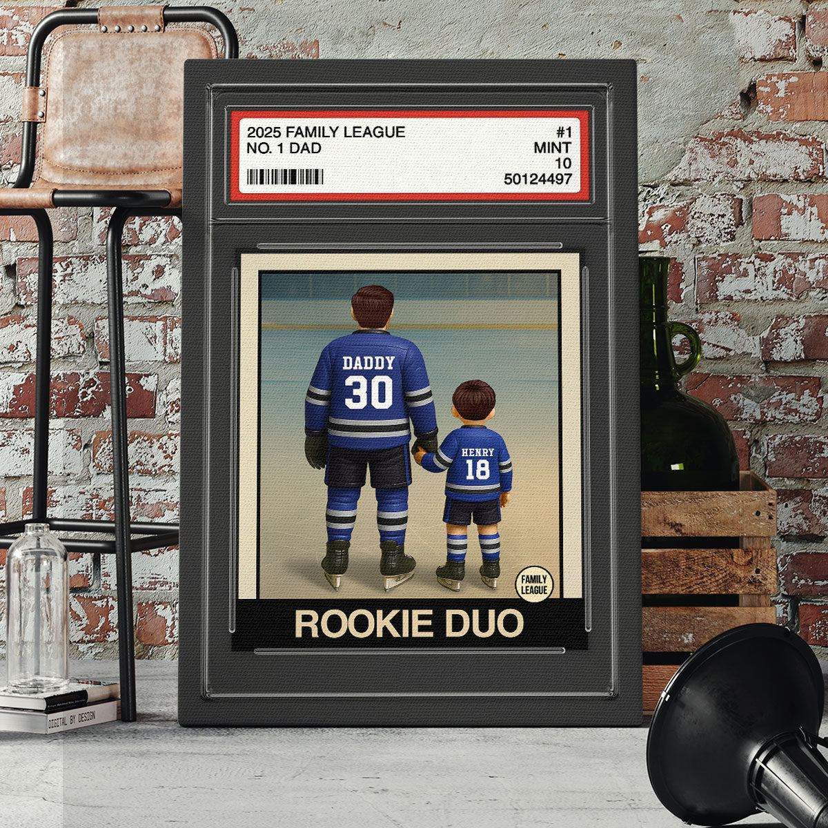 Hockey No. 1 Dad Man & Kids Trading Card Style Personalized Wrapped Canvas