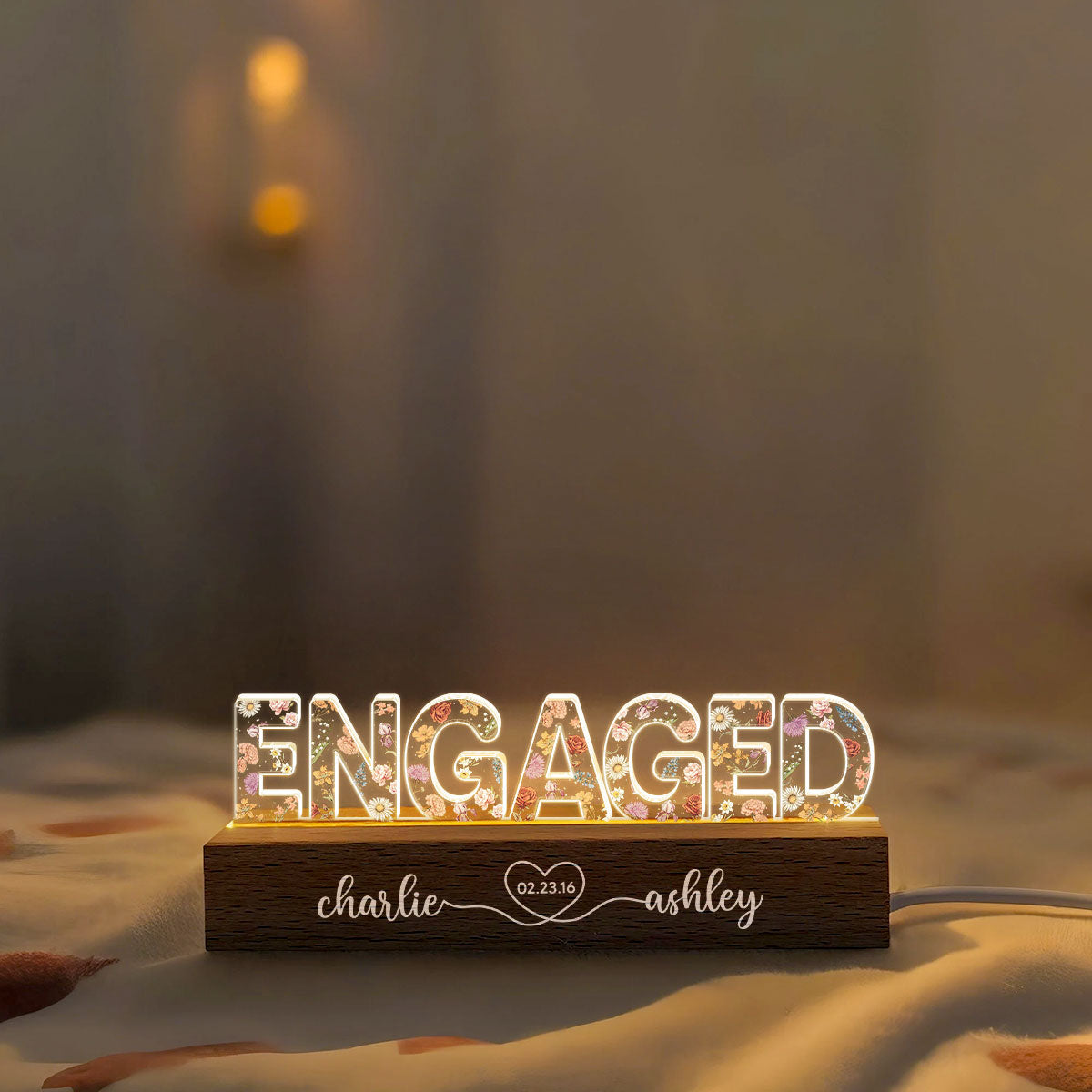Personalized Couple Engagement Floral Theme Anniversary Gift Acrylic Block LED Night Light, Heartfelt 2025  Gift, For Him, For Her, For Husband, For Wife