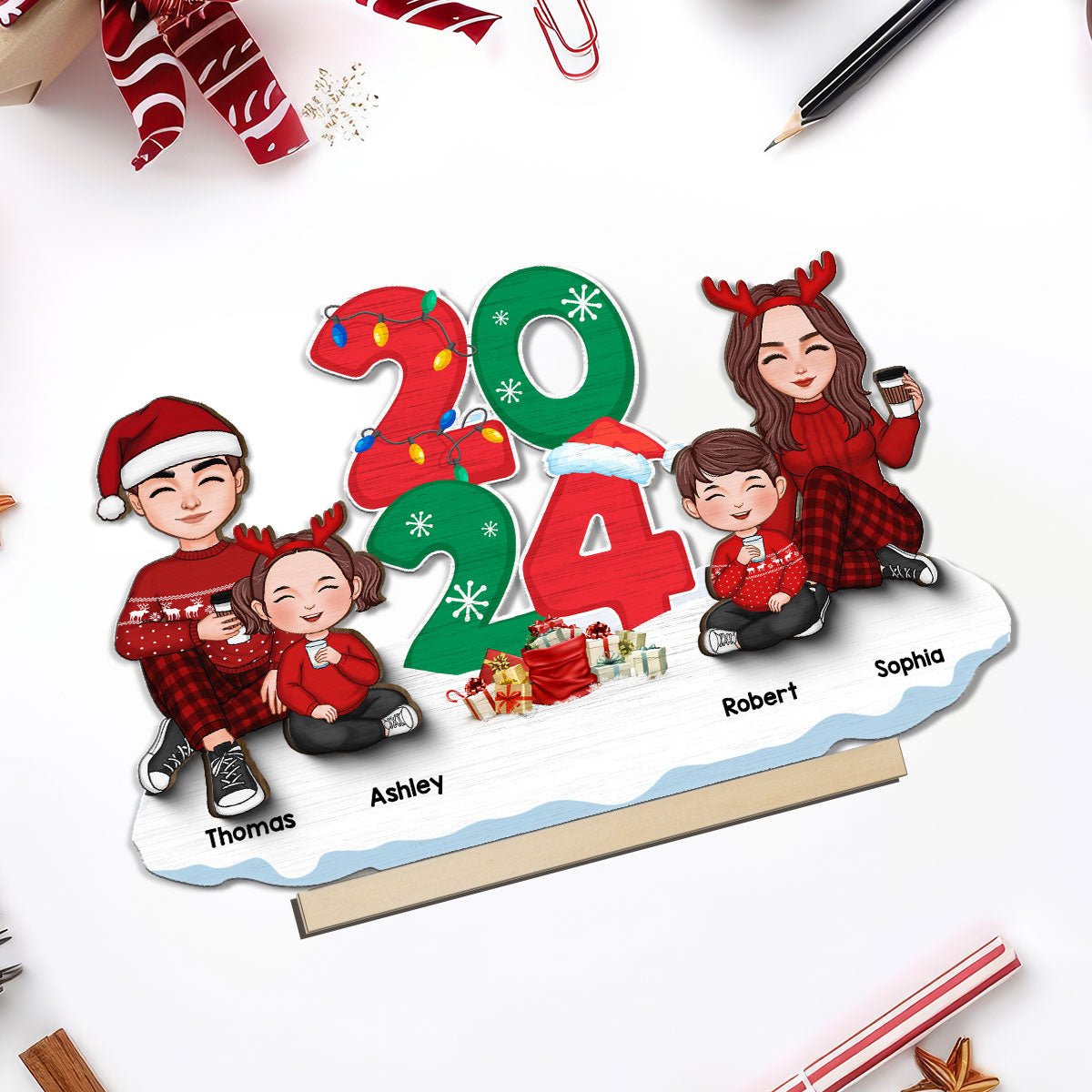 Cute Family Dad Mom Kids Sitting By 2024 Christmas Personalized 2-Layer Standing Wooden Plaque