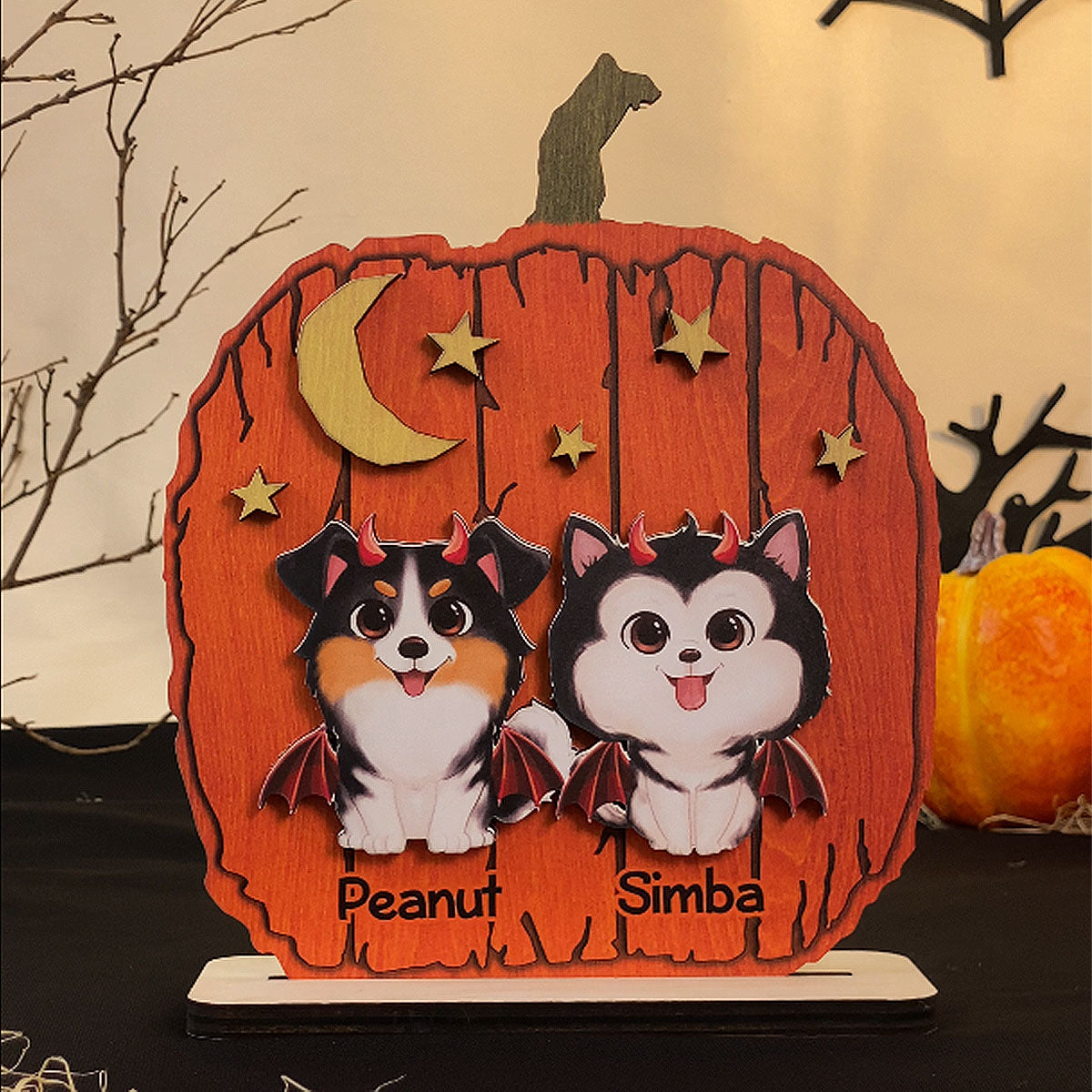 Halloween Dog Pumpkin Shaped Personalized 2-Layer Standing Wooden Plaque