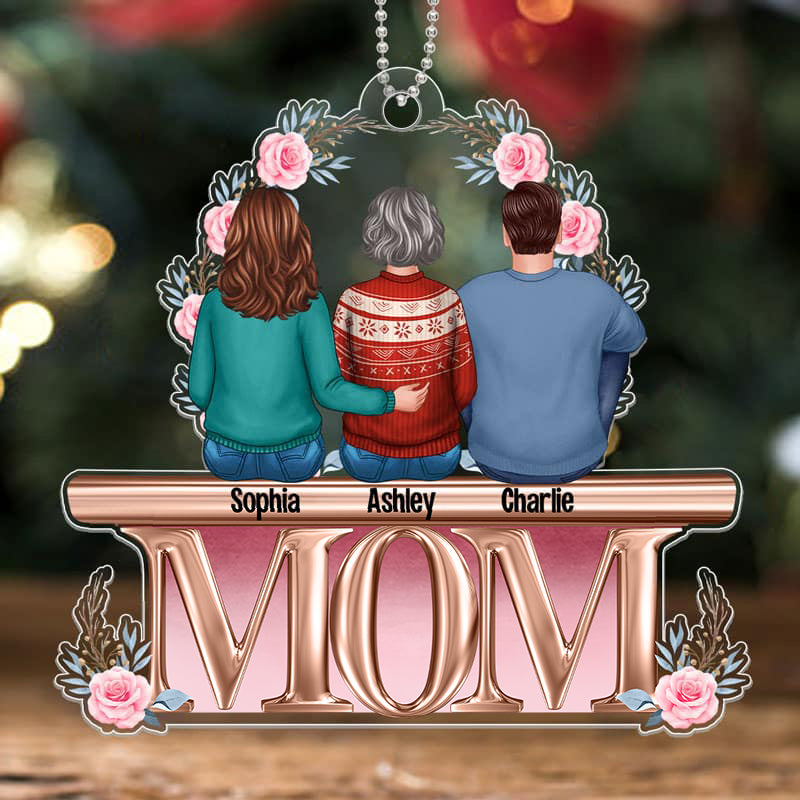 Mother Daughter Son Sitting On Text Personalized Christmas Acrylic Ornament