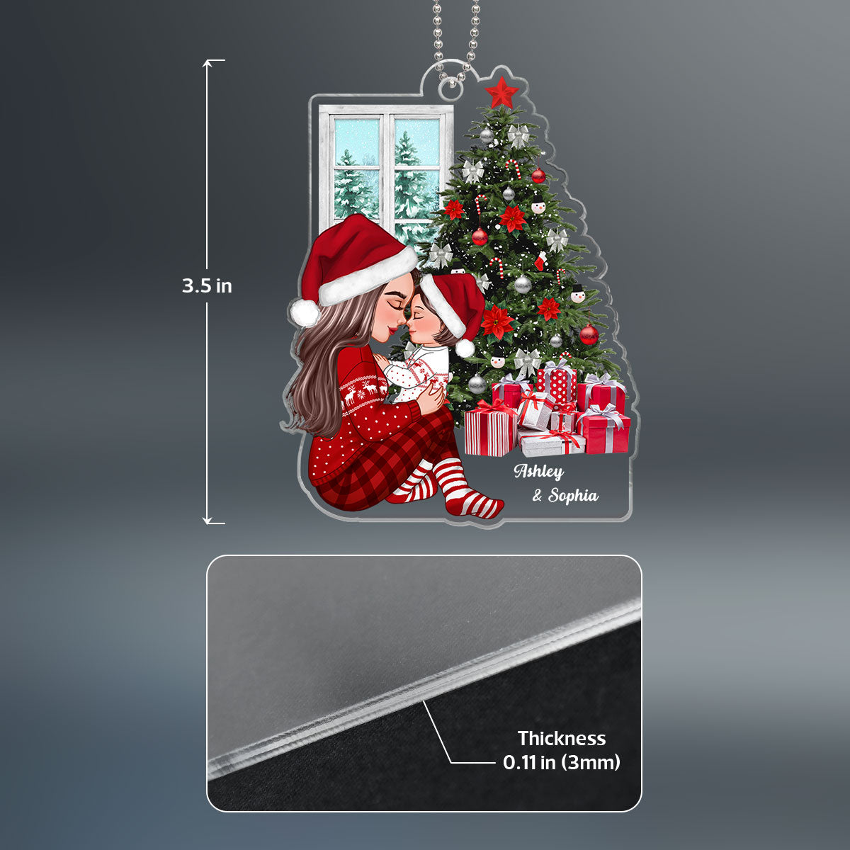 Grandma Mom Holding Kid Side View Next To Christmas Tree Personalized Acrylic Ornament