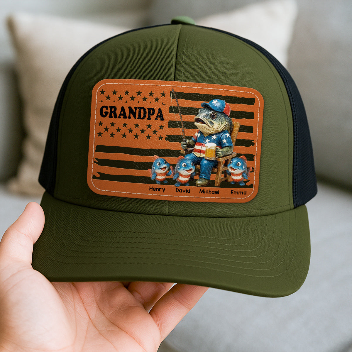Fishing Dad Nation Flag Personalized Leather Patch Hat, Father's Day gift