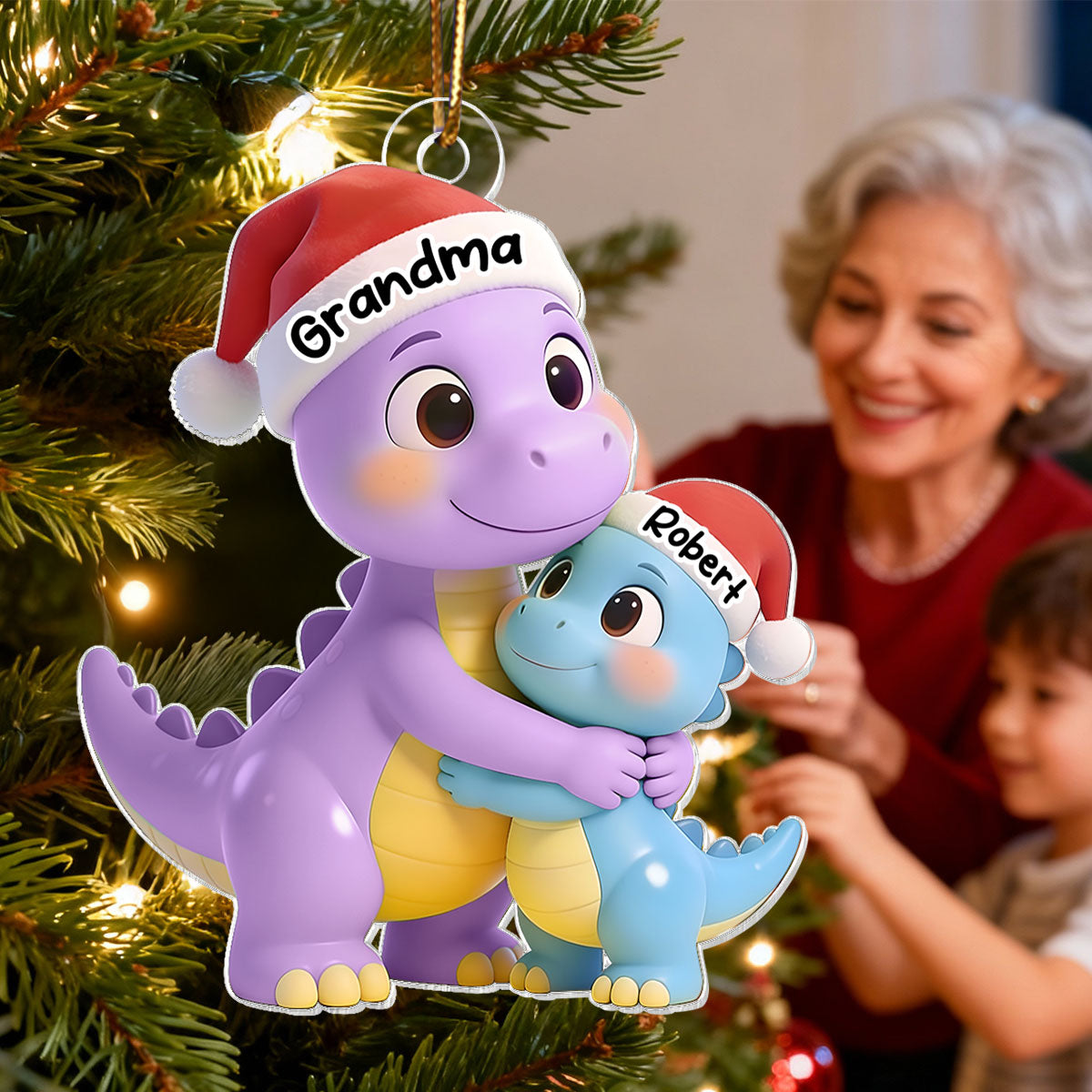 3D Effect Heartwarming Happy Grandmasaurus With Dinosaur Grandkid - Personalized Acrylic Car Hanger - Gift For Grandkids
