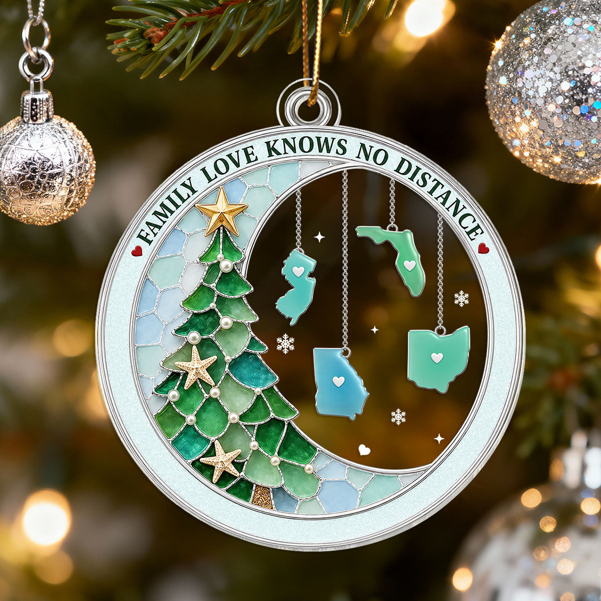 Family Love Knows No Distance 2D Flat Printed - Personalized Acrylic Ornament - Christmas Gift For Family
