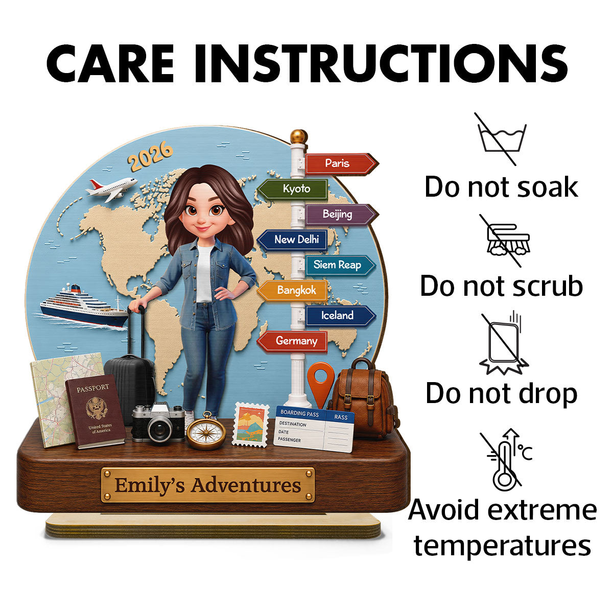 Traveling Destination Travel Adventure 2D Flat - Personalized Wooden Plaque