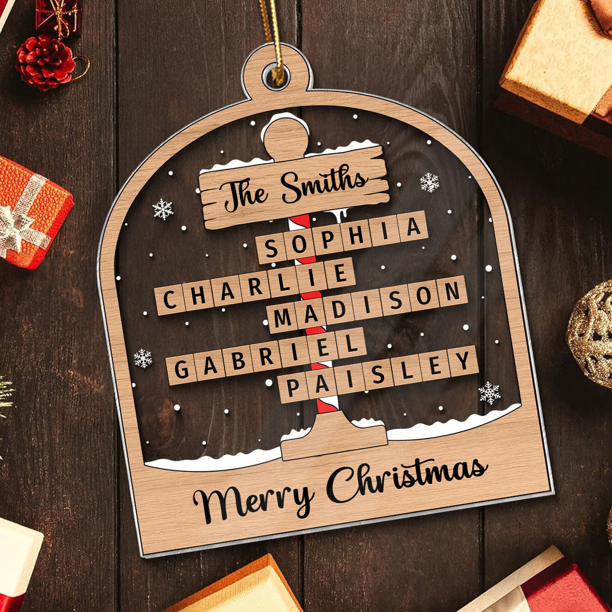 Christmas Crossword Puzzle Art North Pole Family Name Personalize Acrylic Ornament, Christmas Gift For Family Members