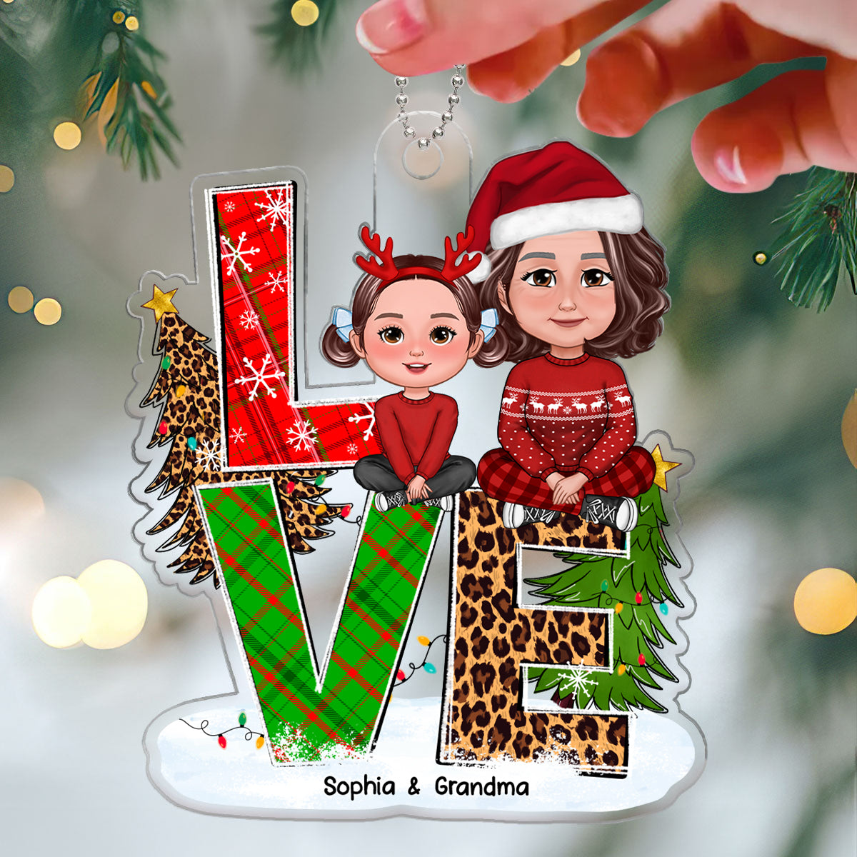 LOVE Christmas Pattern Stacked Grandma Grandkid Sitting Personalized Acrylic Ornament