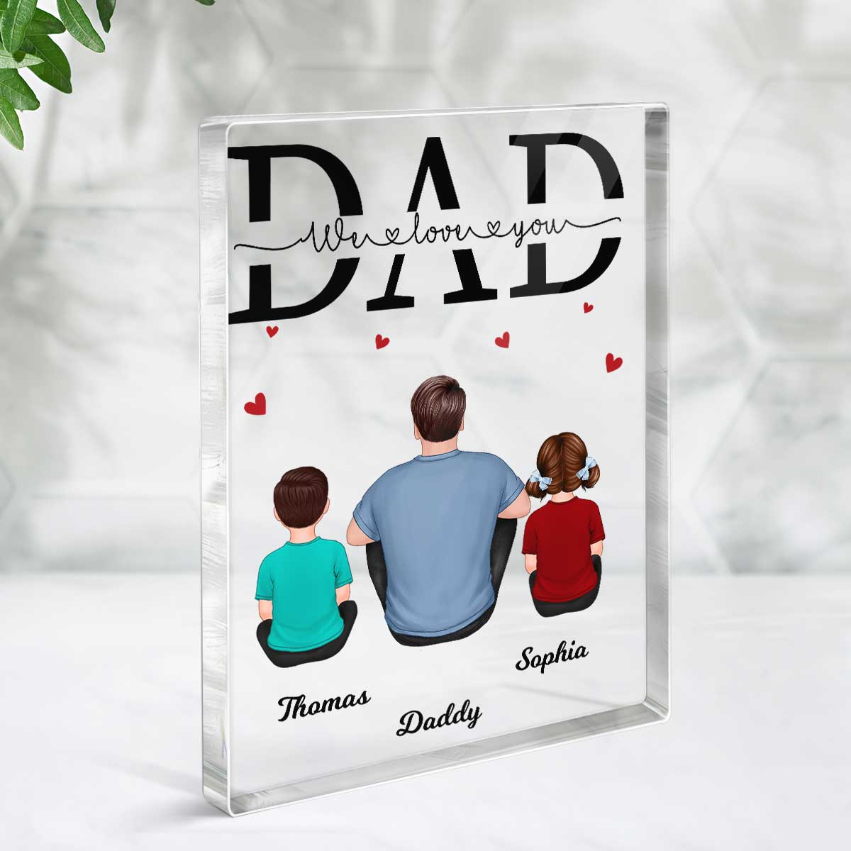 Back View Dad And Kids Dogs Cats Sitting Father‘s Day Gift Personalized Vertical Acrylic Block Plaque