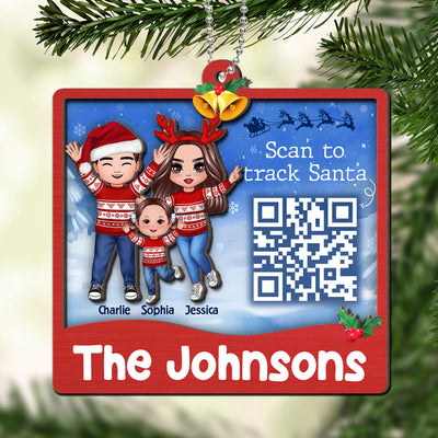 Happy Family Santa Tracker QR Code Personalized 2-Layer Wooden Ornament