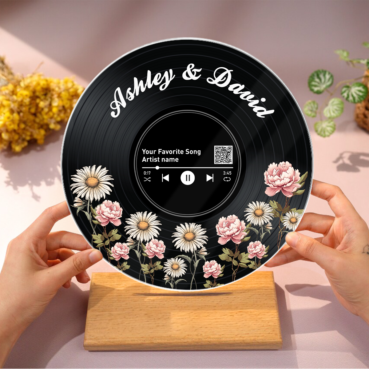 Couple Birth Month Flower Custom Vinyl Record Acrylic Song Plaque, Scannable QR Code, Personalized Valentine's Day, Birthday, Anniversary Gift for her and for him