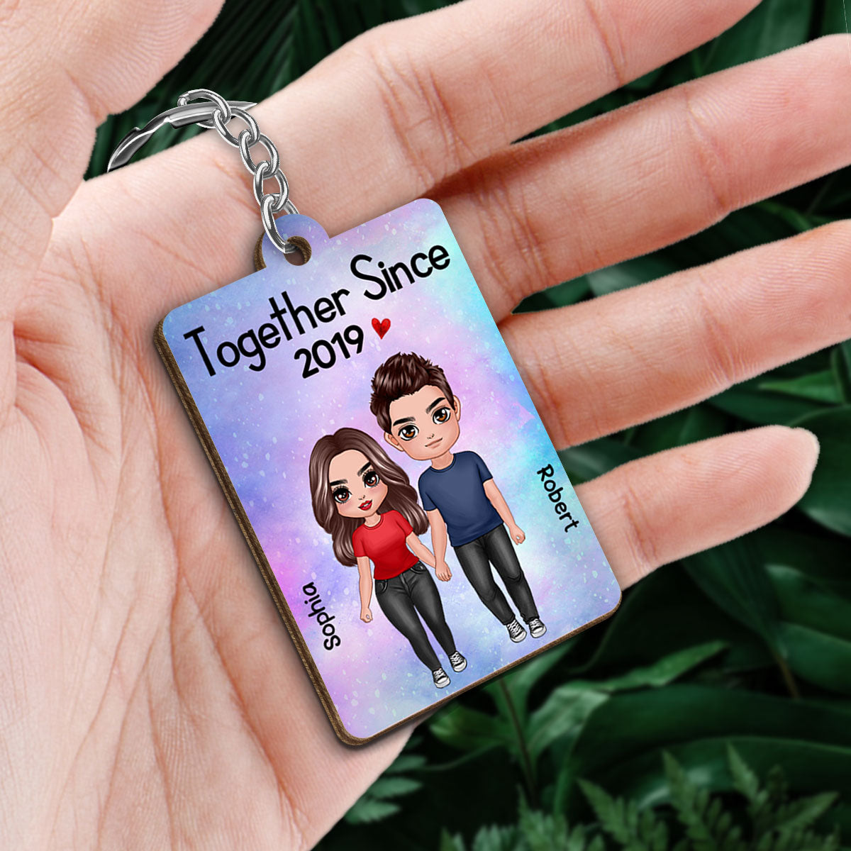 Standing Doll Couple Together Since Favorite Song Scannable QR Code Personalized Wooden Keychain