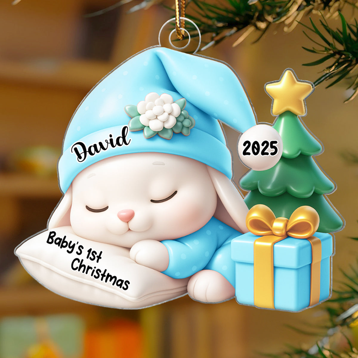 Baby's 1st Christmas Sleeping Bunny in Soft Pajamas Personalized Acrylic Ornament, Christmas Keepsake for New Mom, Dad