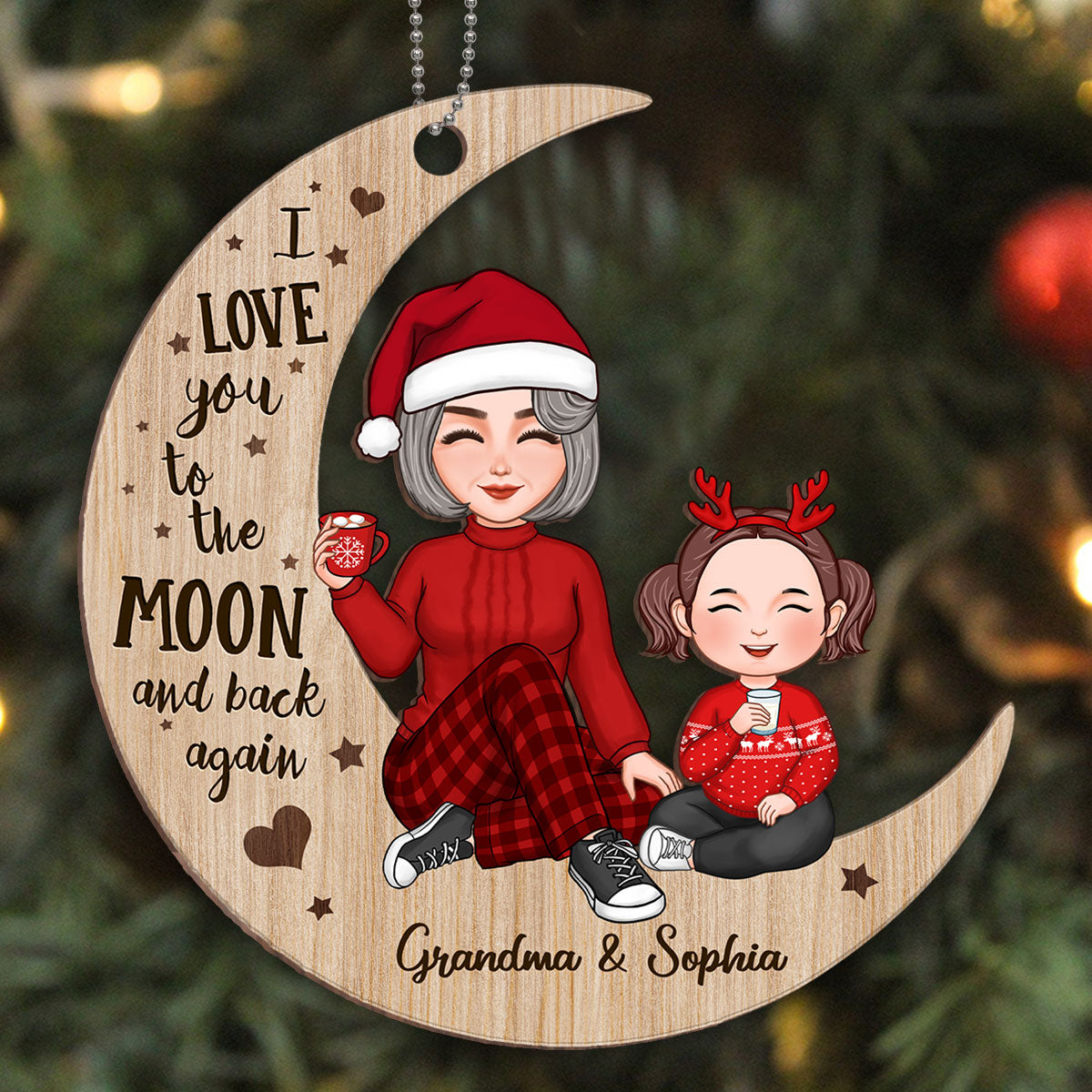 Cute Grandma & Grandkid Sitting On Moon Personalized Wooden Ornament