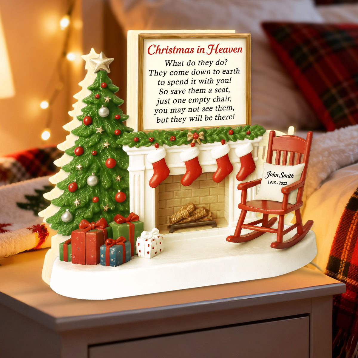 3D Effect Christmas In Heaven Chair At Fireplace - Personalized Light Box - Christmas Memorial Keepsake For Family