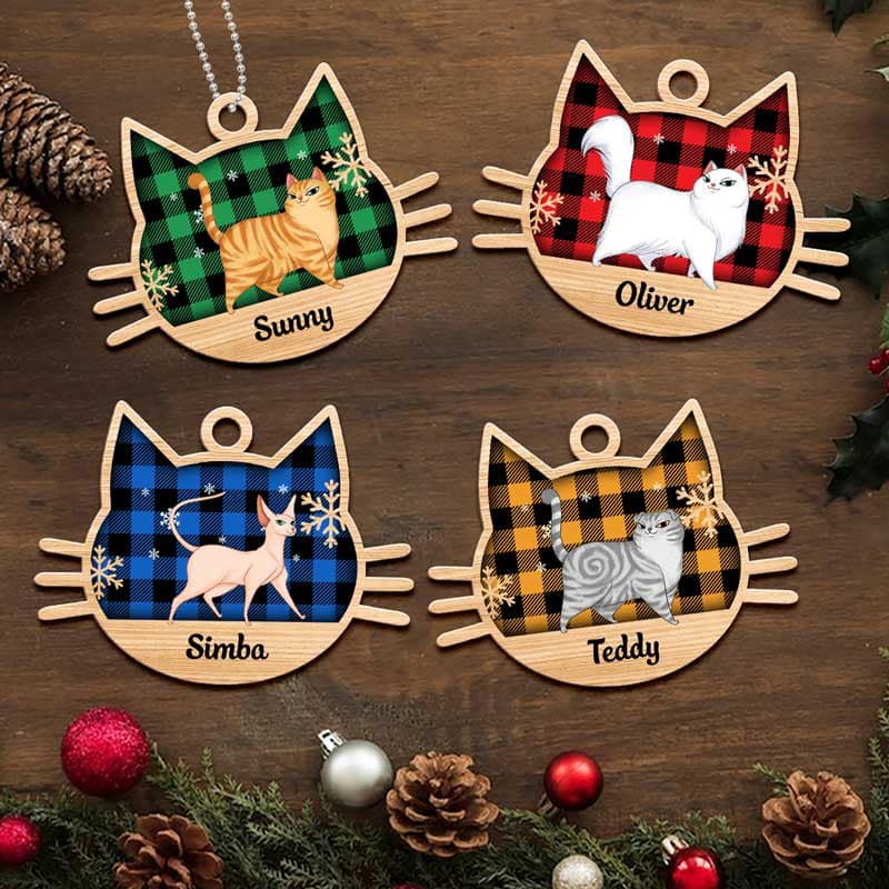 Checkered Cartoon Walking Cat Personalized Wooden Ornament