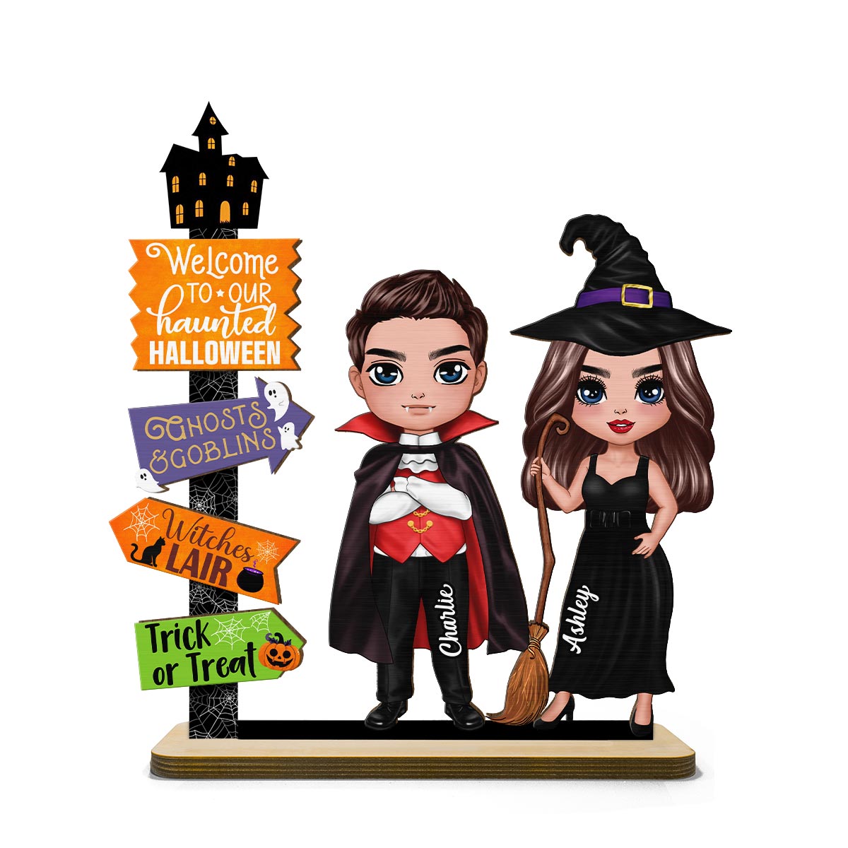 Welcome To Our Haunted House Couple Halloween Tier Tray Decor Personalized 2-Layer Standing Wooden Plaque