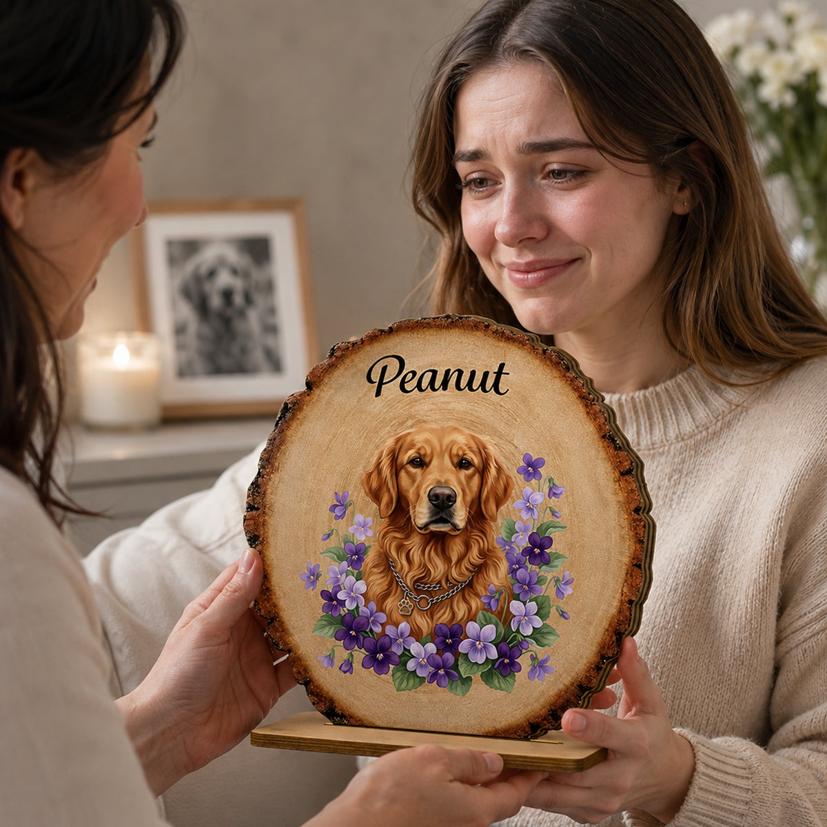 Custom Pet Portrait And Flowers - Personalized 2-Layered Wooden Plaque - Memorial Gift For Pet Lovers