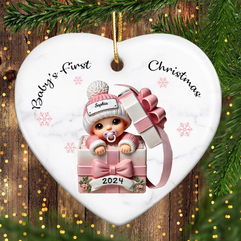 Baby Inside Gift Box Personalized Heart Ornament, Baby First Christmas Keepsake