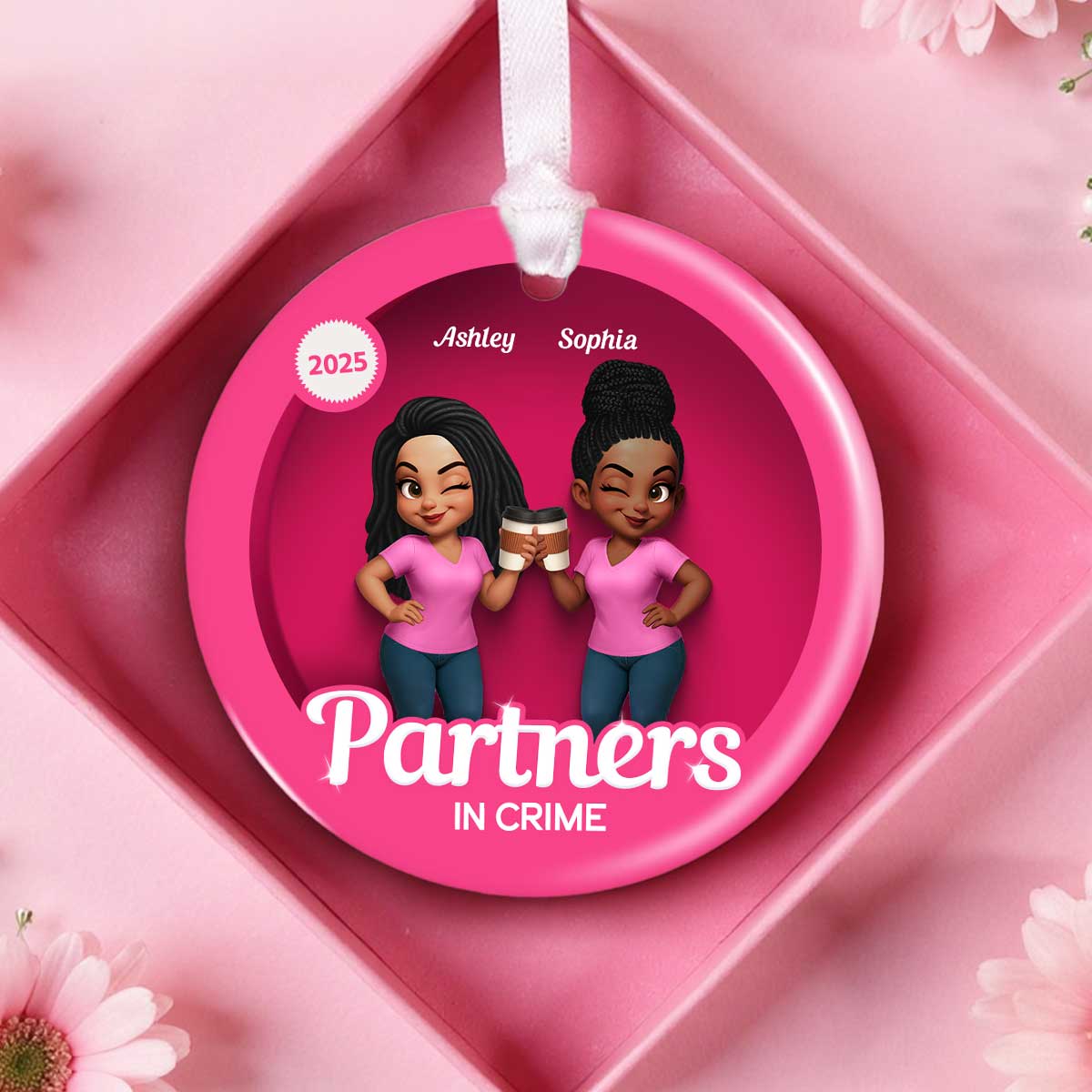 Besties Sisters 3D Effect Pink Toy Box Personalized Circle Ceramic Ornament, Gift for Besties, Best Friends