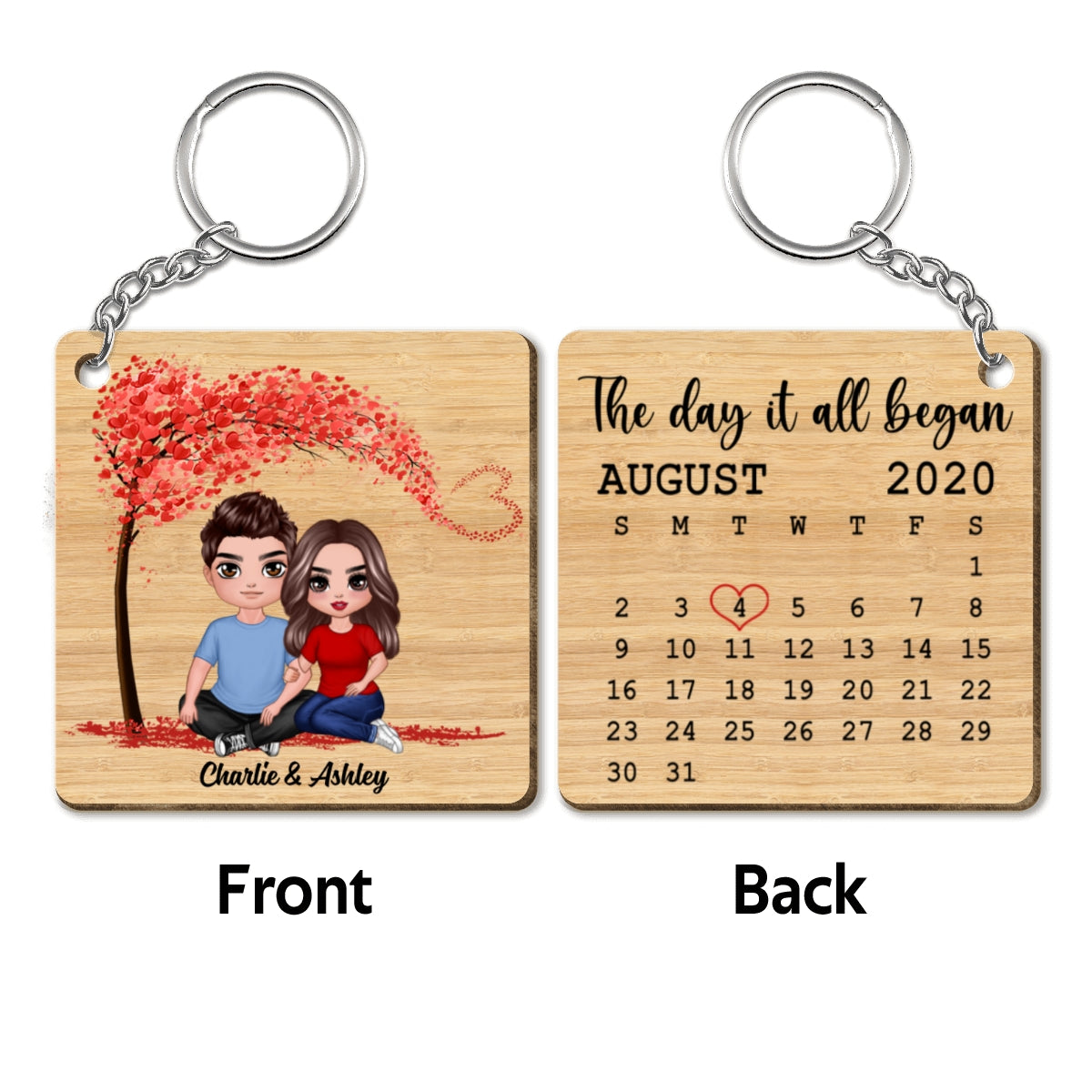 Doll Embracing Couple Sitting Under Tree Calendar Anniversary Date Personalized Wooden Keychain