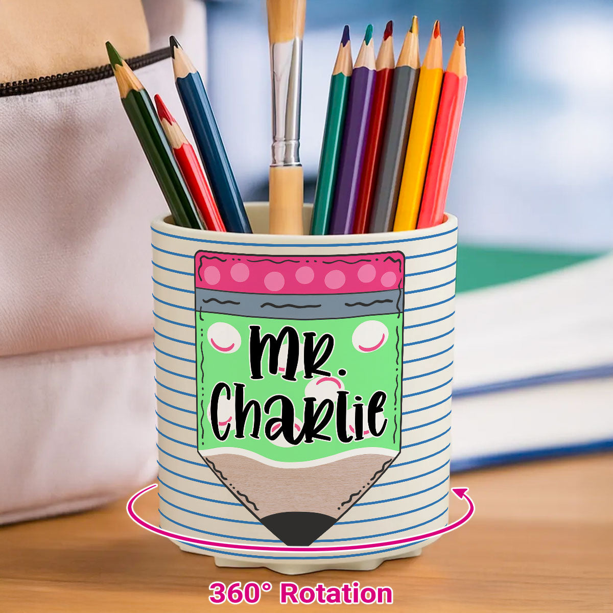 Custom Pencil Notebook Teacher Personalized Rotating Pen Holder, Back to School Gift for Teacher
