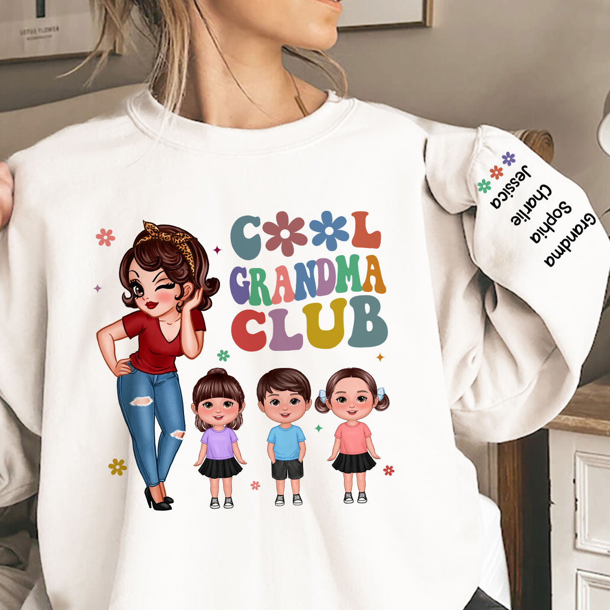 Cool Grandma Club, Names On Sleeve Personalized Sleeve Printed Sweatshirt