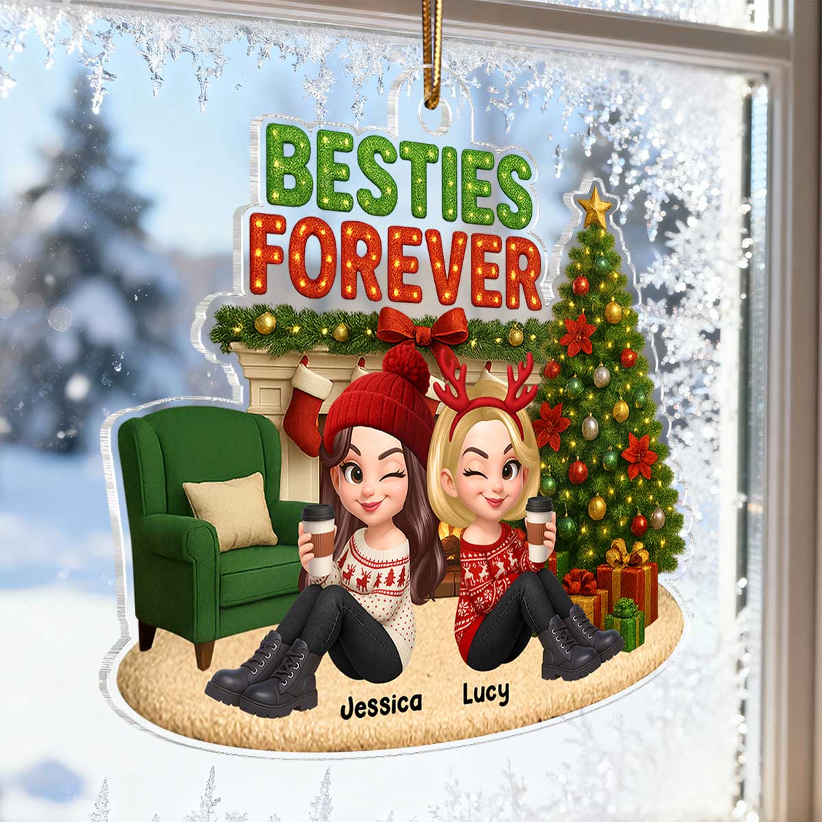Christmas Besties Forever Cozy Fireplace - Personalized Acrylic Ornament - Gift For Best Friends