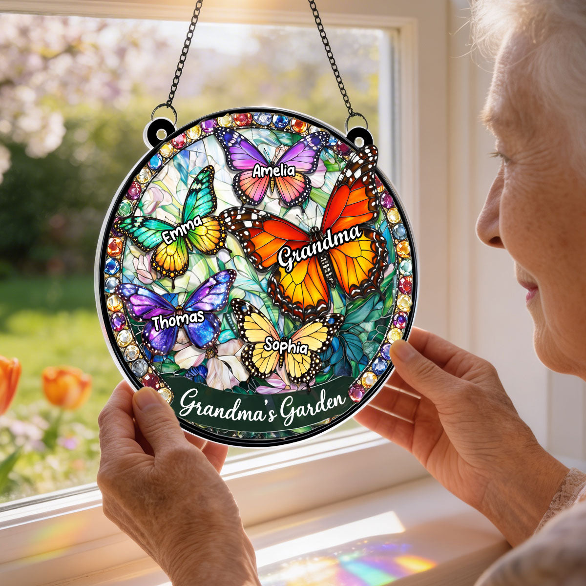 Grandma's Garden Butterflies - Personalized Acrylic Window Hanging - Heartfelt Mother's Day Gift for Grandma, Mom