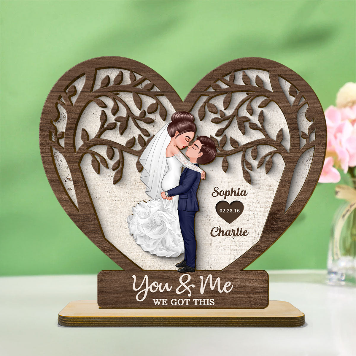 Groom & Bride Kissing Under The Tree Personalized 2-Layered Standing Wooden Plaque, Perfect Home Decor, Wedding Gift, Anniversary Gift For Him For Her For Couple