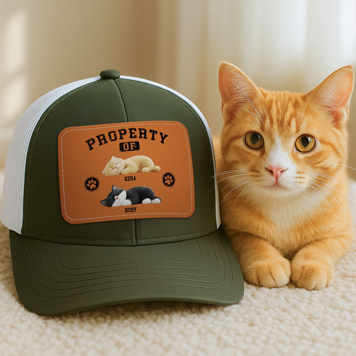 Property Of Cute Sleeping Cats Personalized Leather Patch Hat, Father's Day gift