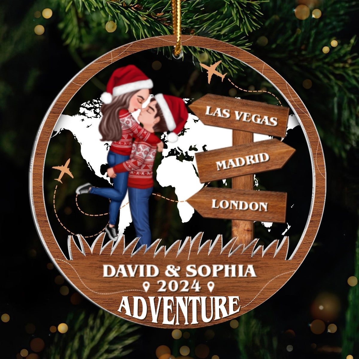 Adventure Kissing Couple Personalized 2-Layer Acrylic Ornament, Christmas Gift For Couple, Gift For Travelers