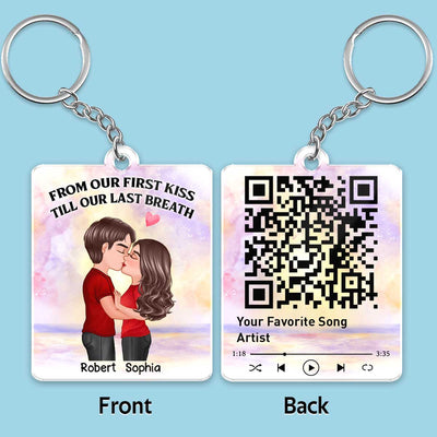 Couple Kissing Watercolor Beach Sky Favorite Song QR Code Personalized Acrylic Keychain