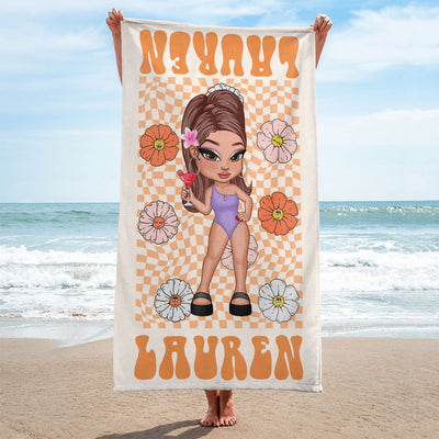 RETRO Multi Style Personalized Beach Towel, Name Bath Towel, Birthday Vacation Summer Gift
