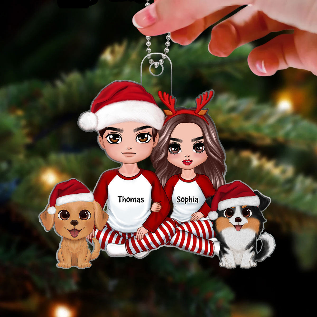 Doll Couple Sitting With Dog Christmas Personalized Acrylic Ornament