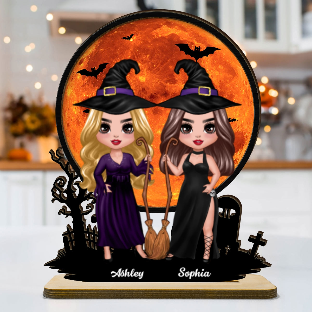 Witch Besties Halloween Moon Tabletop Tier Tray Wicca Pagan Decor Personalized 2-Layer Standing Wooden Plaque