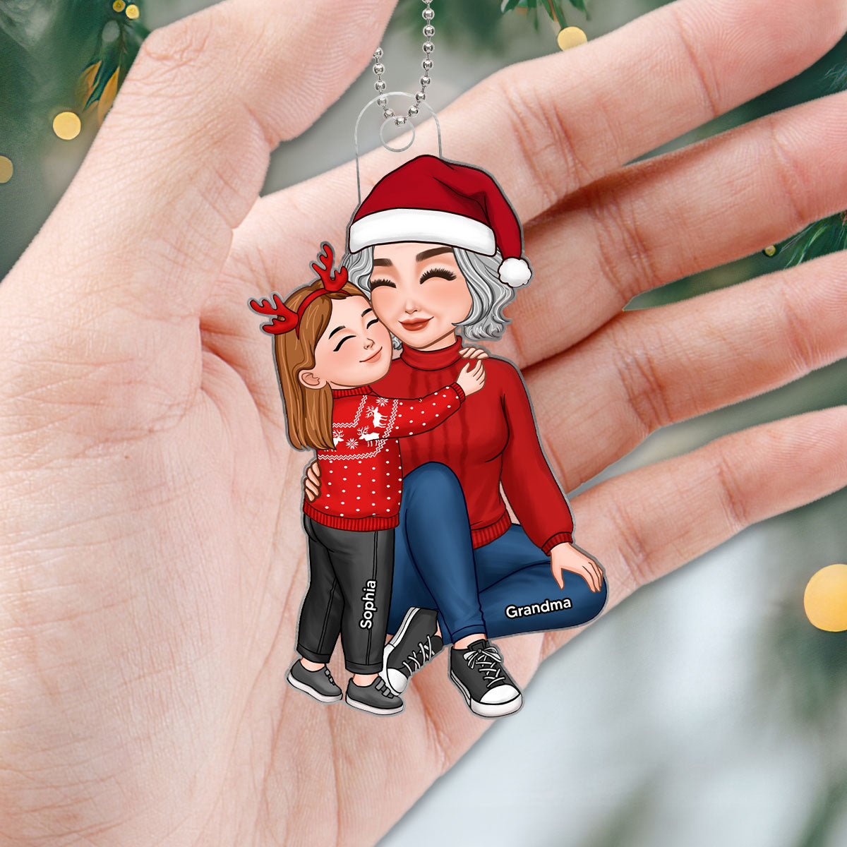 Grandma & Grandkid Hugging Sitting Acrylic Ornament - Personalized Gift For Grandma