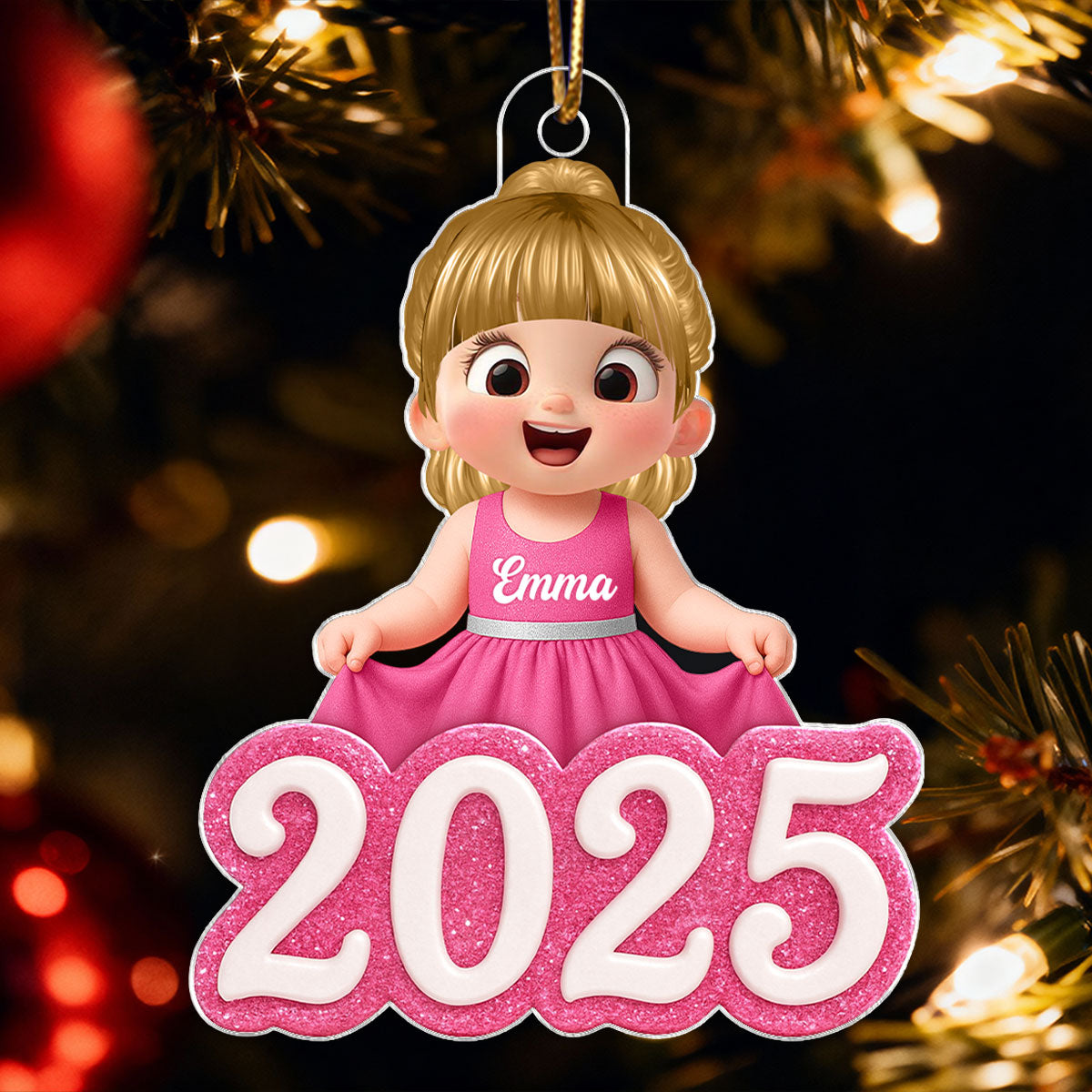 Cute Little Doll Girl 2025 - Personalized Acrylic Ornament - Christmas Gift for Kids, Grandkids