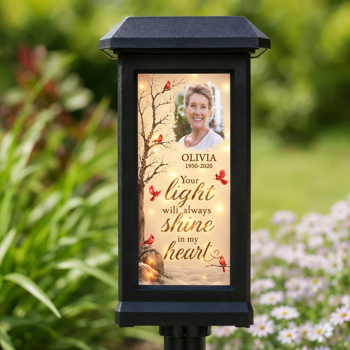 Your Light Will Always Shine in My Heart Cardinal Memorial - Personalized Solar Garden Light - Heartfelt Sympathy Gift for Loved Ones